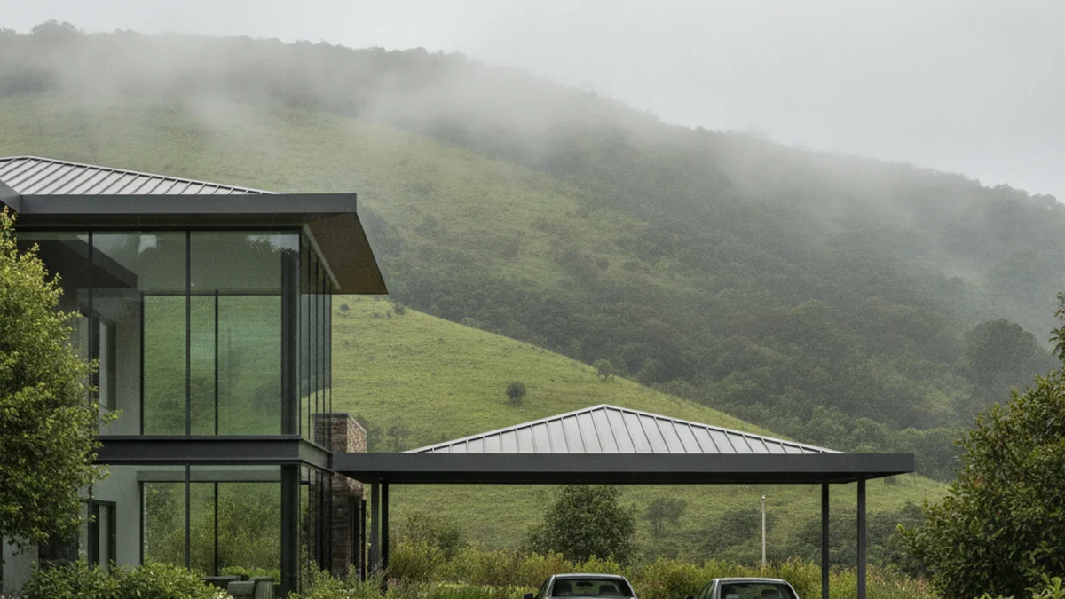 Modern powder-coated aluminium carport at an upmarket glass-fronted Hilton home in the misty Midlands