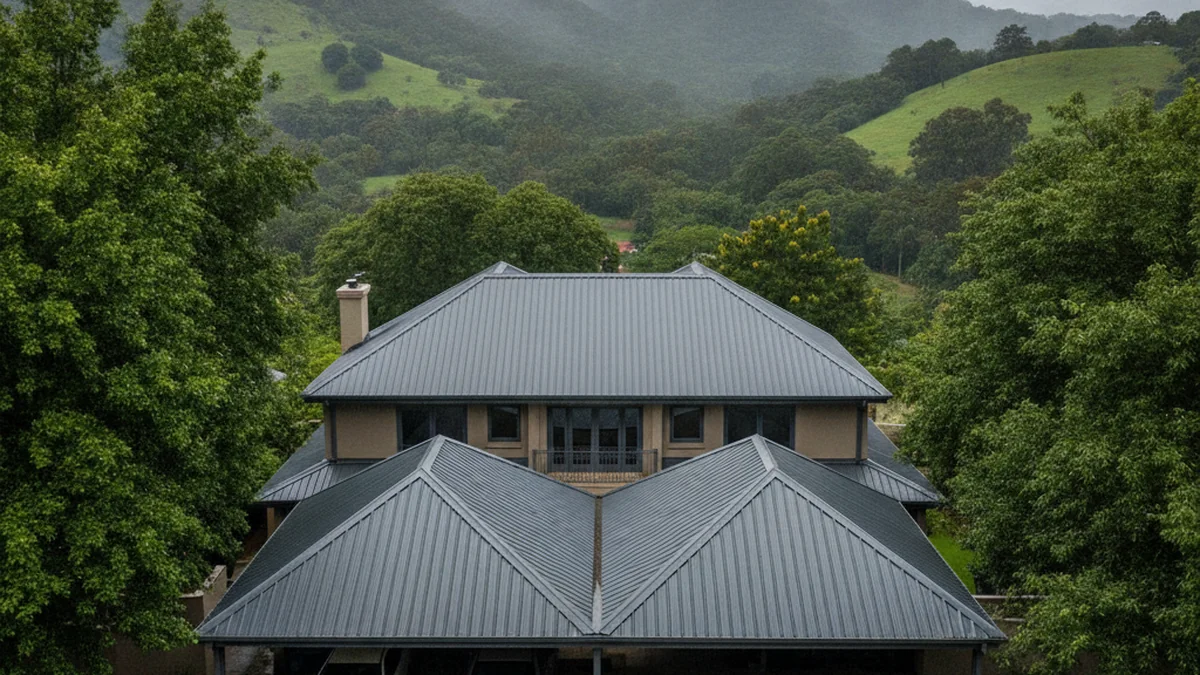 Pitched gable-roof steel carport matching the tiled roof of a Pietermaritzburg house, sloped to shed rain