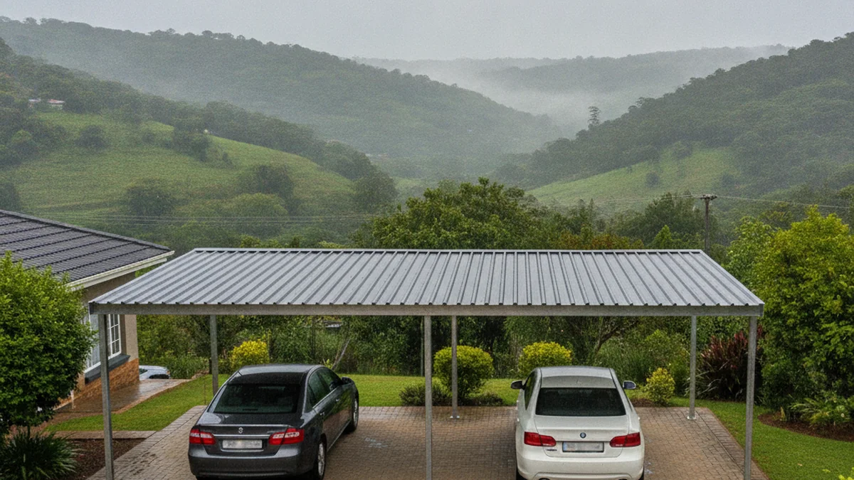 Galvanised steel double carport with a pitched charcoal IBR roof sheltering two cars at a Pietermaritzburg home below green misty Midlands hills after rain