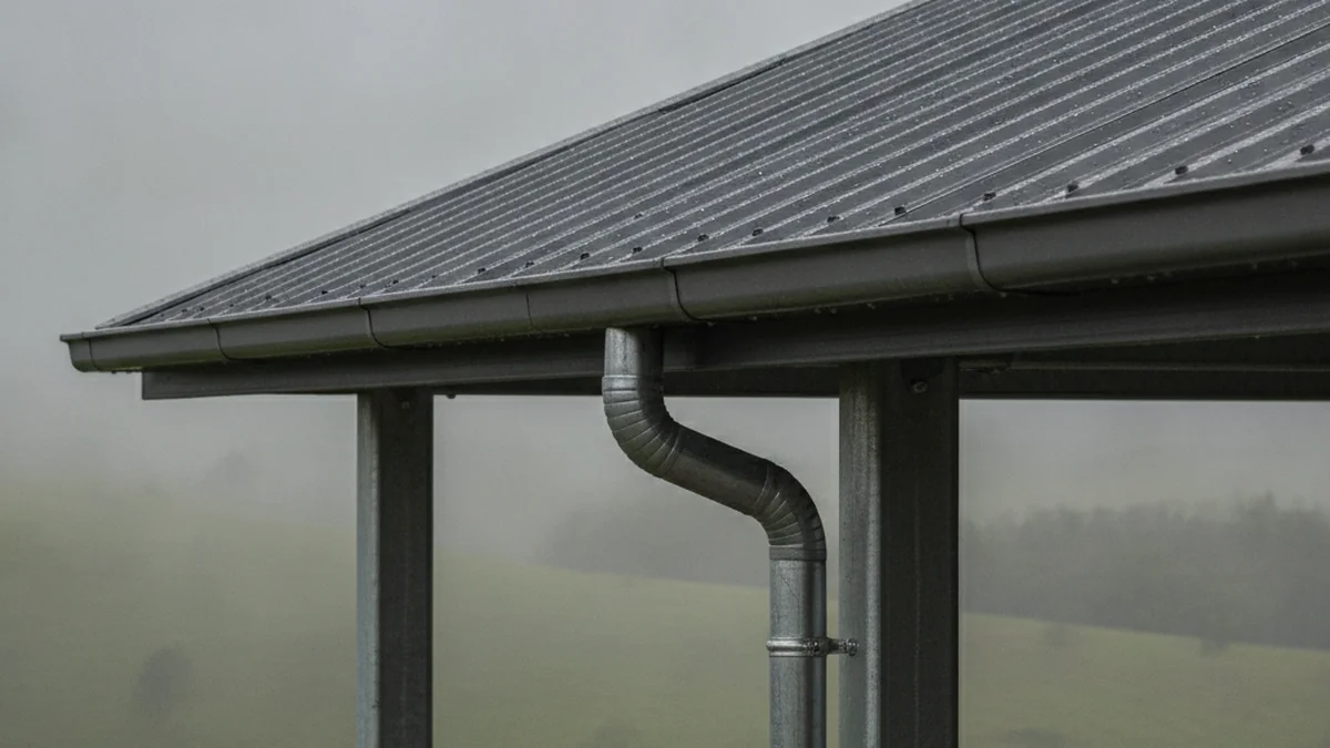Close detail of a pitched charcoal IBR steel carport roof with a rain gutter and hot-dip galvanised steel posts