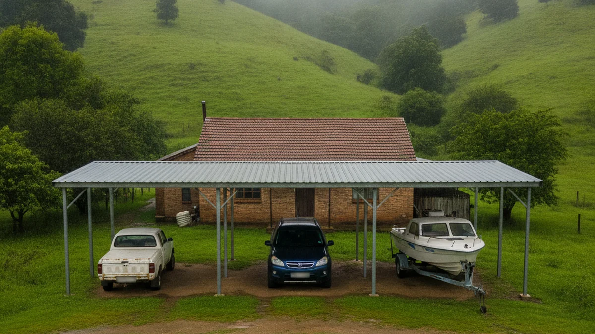 Wide four-bay steel carport on a green Midlands smallholding covering a bakkie, a car and a boat on a trailer