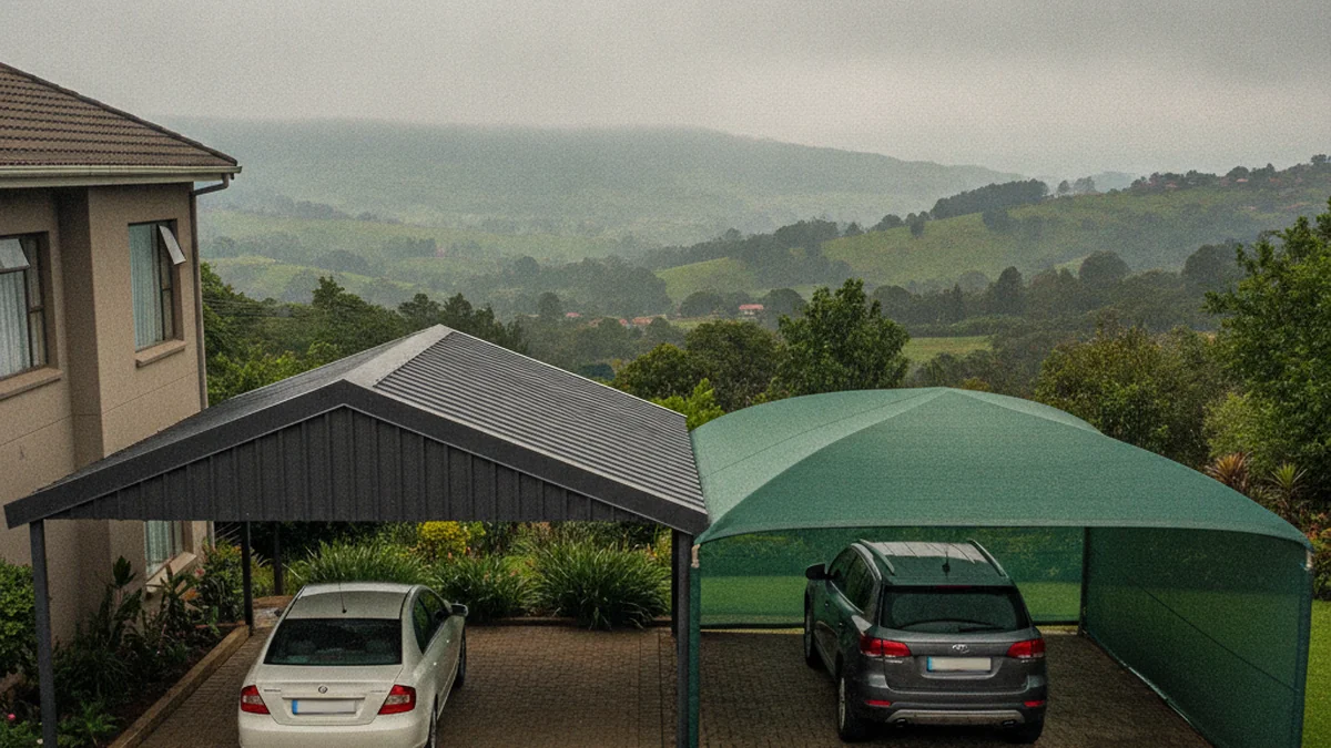 A solid pitched IBR-roof steel carport beside a green shade-net shadeport in one Pietermaritzburg driveway